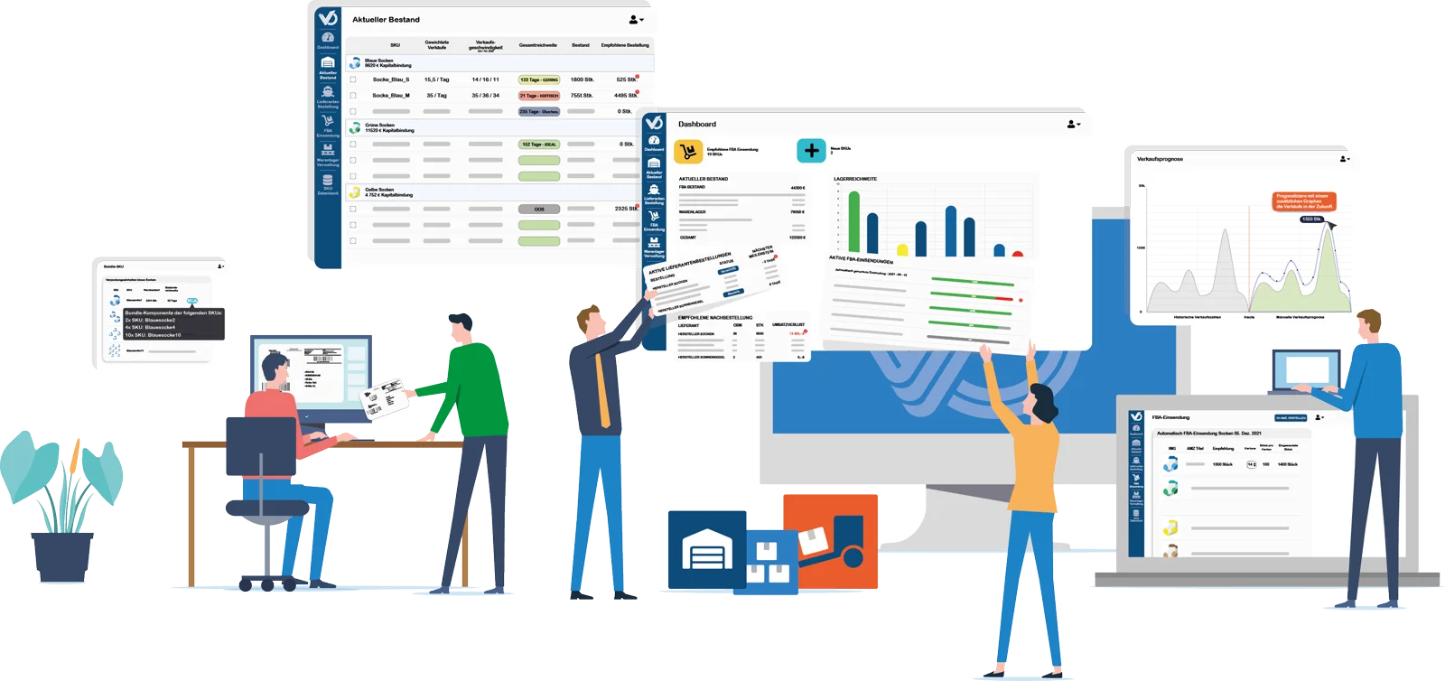 Illustration: Team arbeitet mit den VentoryOne-App-Ansichten