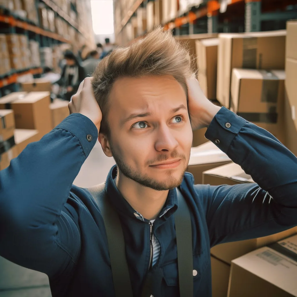 Amazon seller holding his head in frustration between shipping boxes in a warehouse