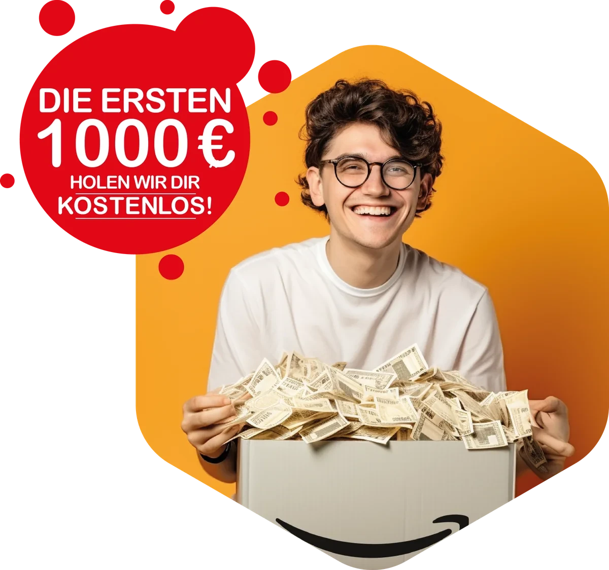 Amazon-Seller mit einem Karton voller Geldscheine — die ersten 1000 € holen wir Dir kostenlos