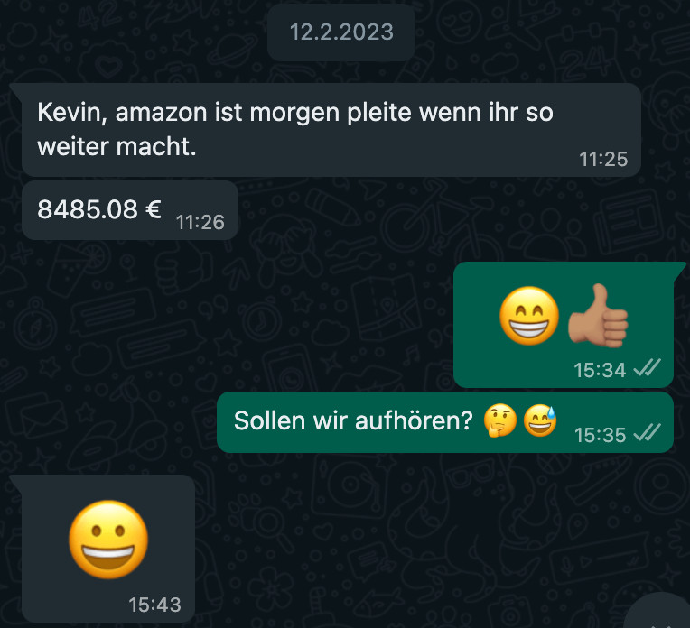 WhatsApp-Nachricht von Max: Amazon ist morgen pleite, wenn ihr so weitermacht — 8.485,08 €